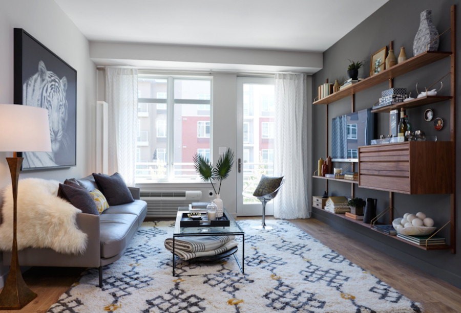 Mittelgroßes, Abgetrenntes Retro Wohnzimmer ohne Kamin mit grauer Wandfarbe, braunem Holzboden und TV-Wand in New York