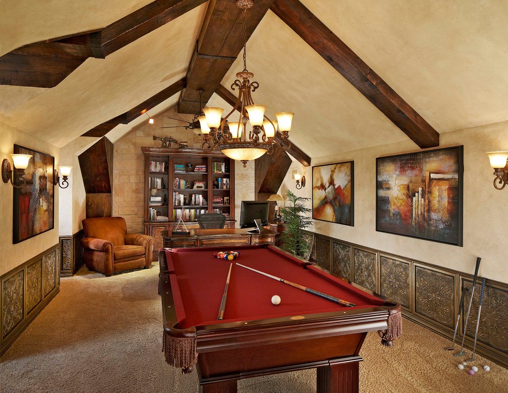 This is an example of a rustic games room in Dallas.