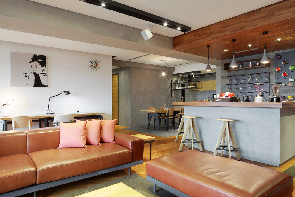 Modelo de sala de estar con barra de bar abierta actual con paredes blancas y suelo de madera clara