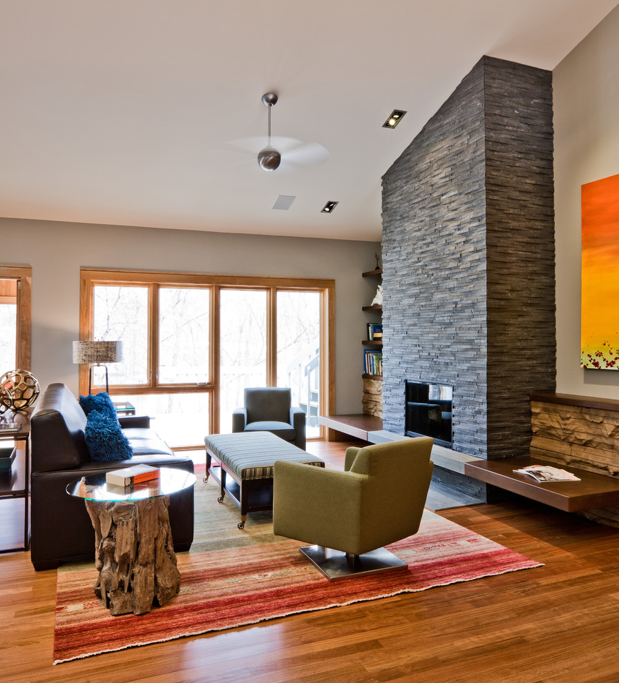 Imagen de sala de estar contemporánea con marco de chimenea de piedra y alfombra