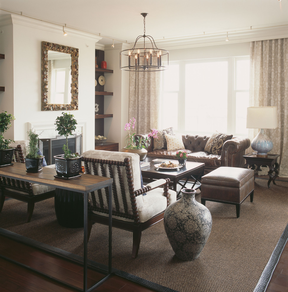 Ejemplo de sala de estar contemporánea con suelo de madera oscura y todas las chimeneas