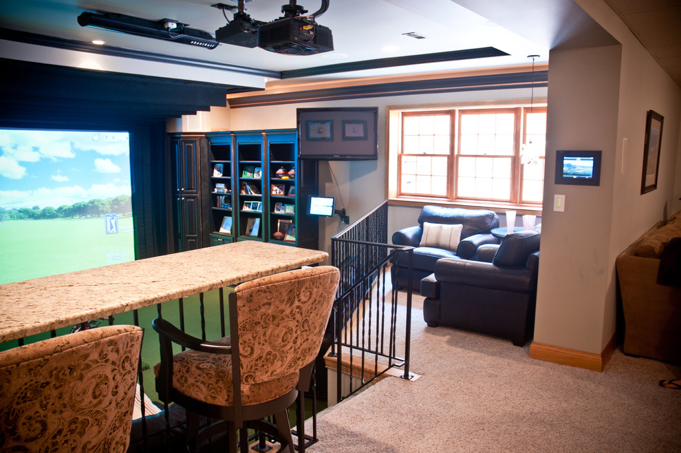 Large transitional enclosed carpeted game room photo in Indianapolis with beige walls, no fireplace and a media wall