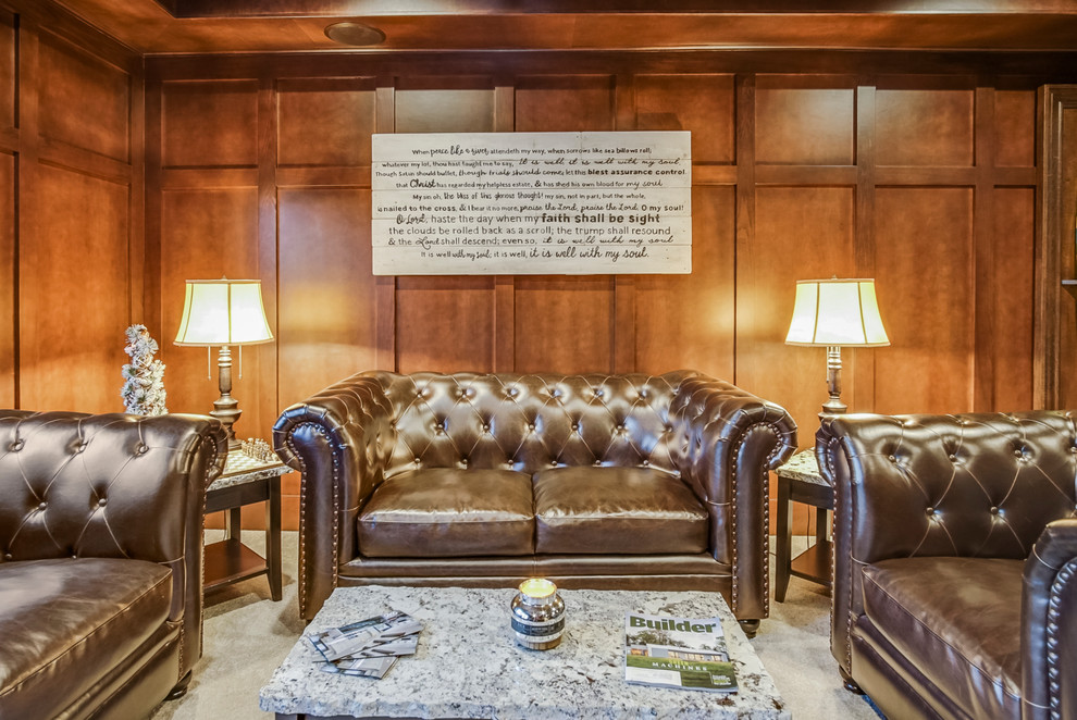 This is an example of a large traditional enclosed games room in Grand Rapids with brown walls, carpet, grey floors, a game room, no fireplace and a wall mounted tv.