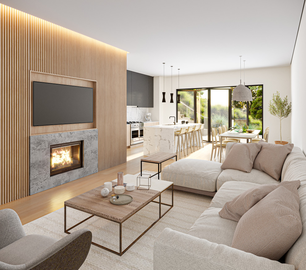 Offenes, Mittelgroßes Modernes Wohnzimmer mit weißer Wandfarbe, hellem Holzboden, Kamin, verputzter Kaminumrandung, Multimediawand und Holzwänden in Los Angeles