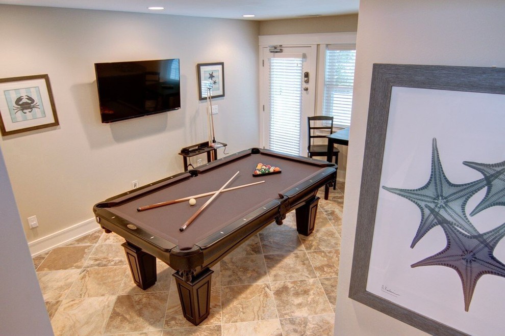 Inspiration for a medium sized nautical enclosed games room in Other with a game room, grey walls, ceramic flooring, no fireplace and a wall mounted tv.