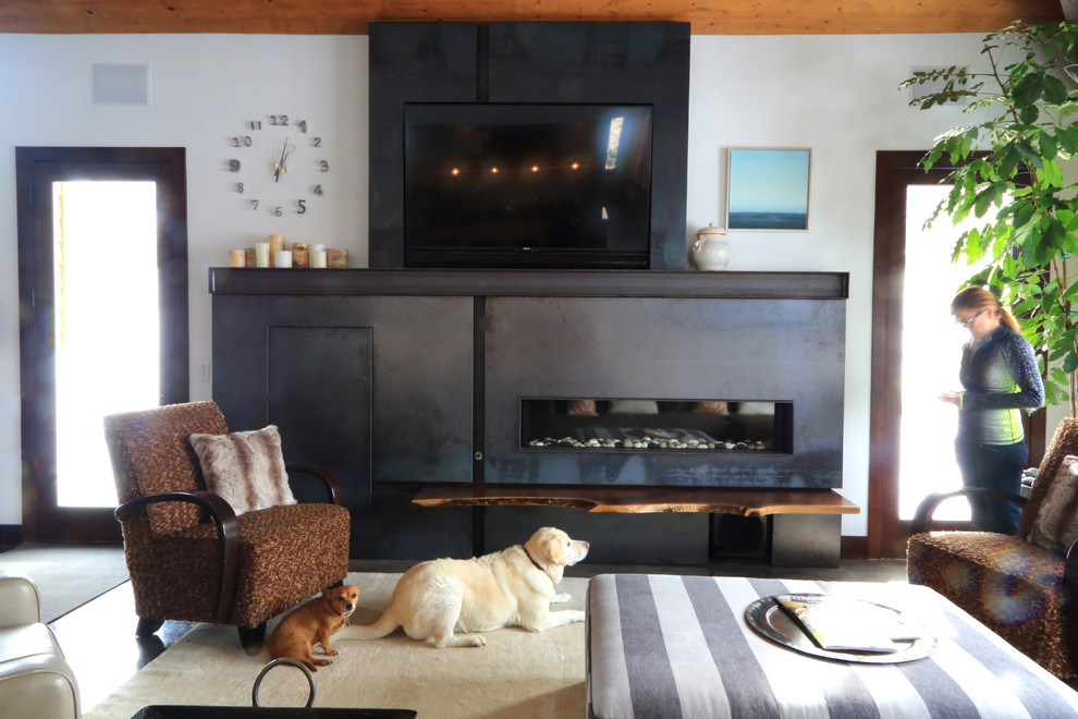 Mid-sized urban open concept concrete floor family room photo in Salt Lake City with white walls, a ribbon fireplace, a metal fireplace and a media wall