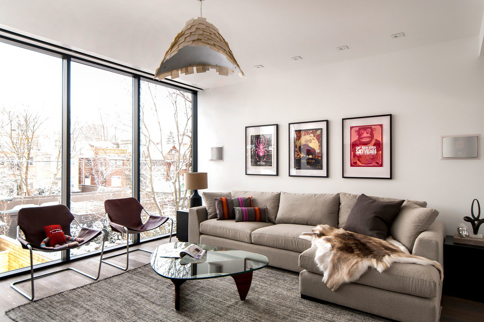 Diseño de sala de estar contemporánea con paredes blancas y alfombra