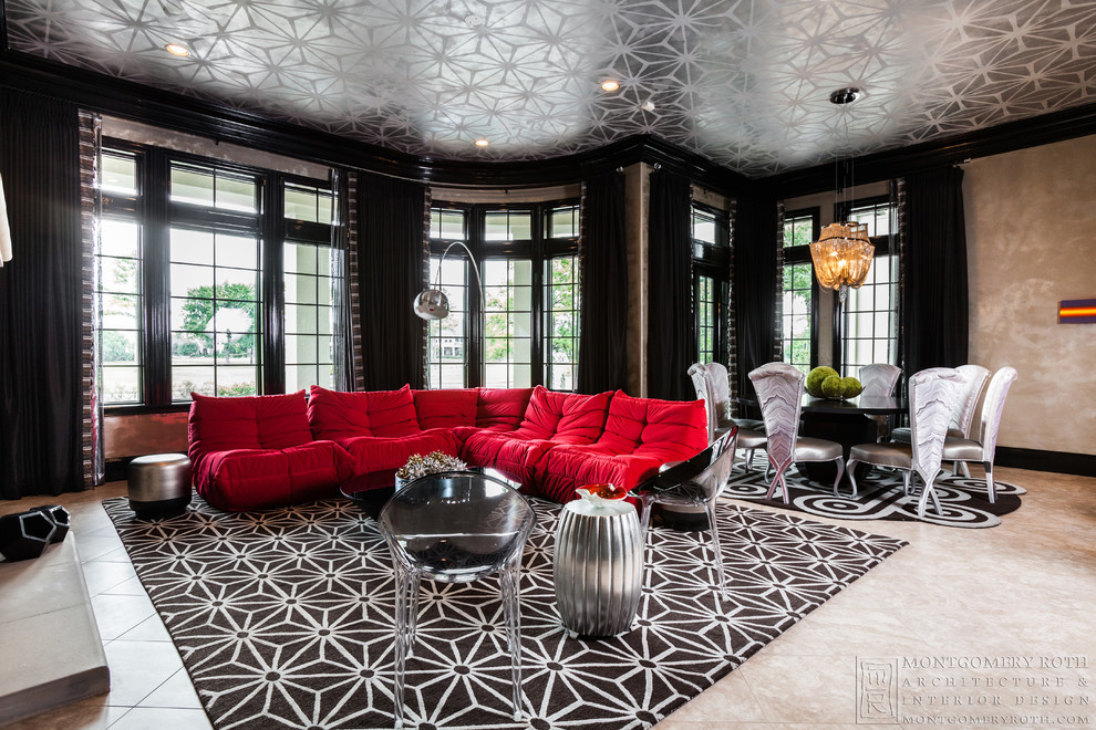Esempio di un grande soggiorno minimalista aperto con pareti grigie e pavimento con piastrelle in ceramica