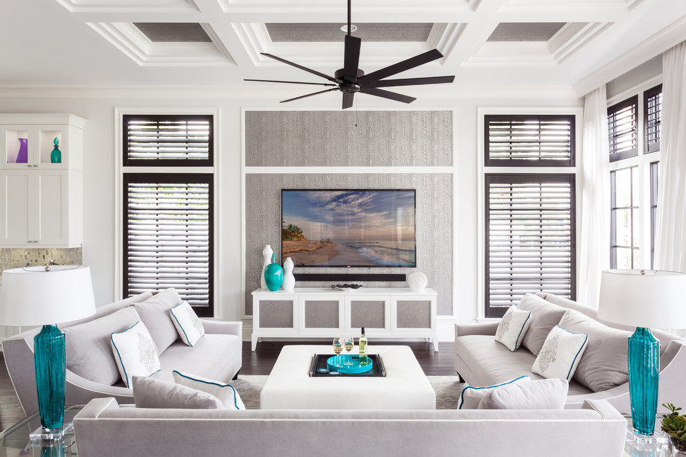 Design ideas for a traditional open plan games room in Miami with grey walls, no fireplace and a wall mounted tv.