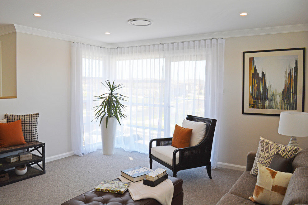 Inspiration for a large contemporary carpeted and gray floor family room remodel in Sydney