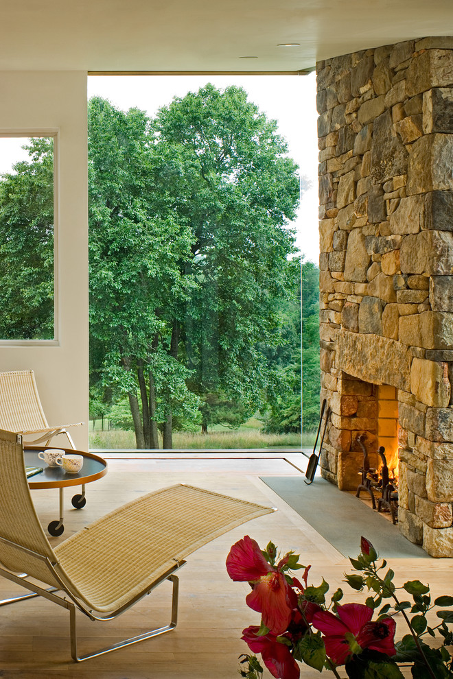 Diseño de sala de estar actual con suelo de madera clara, todas las chimeneas y marco de chimenea de piedra