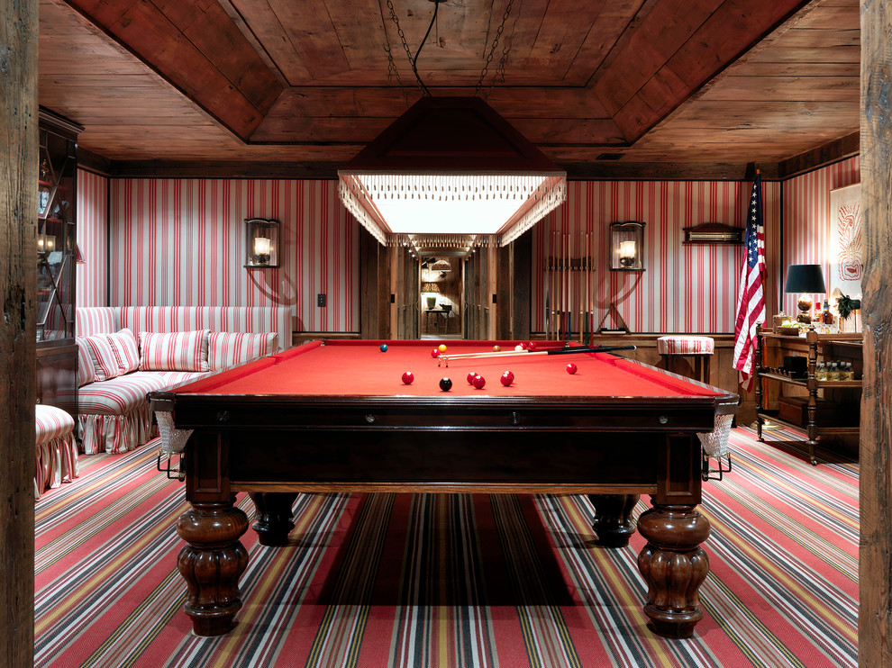 Inspiration for a huge rustic open concept carpeted game room remodel in Other with multicolored walls