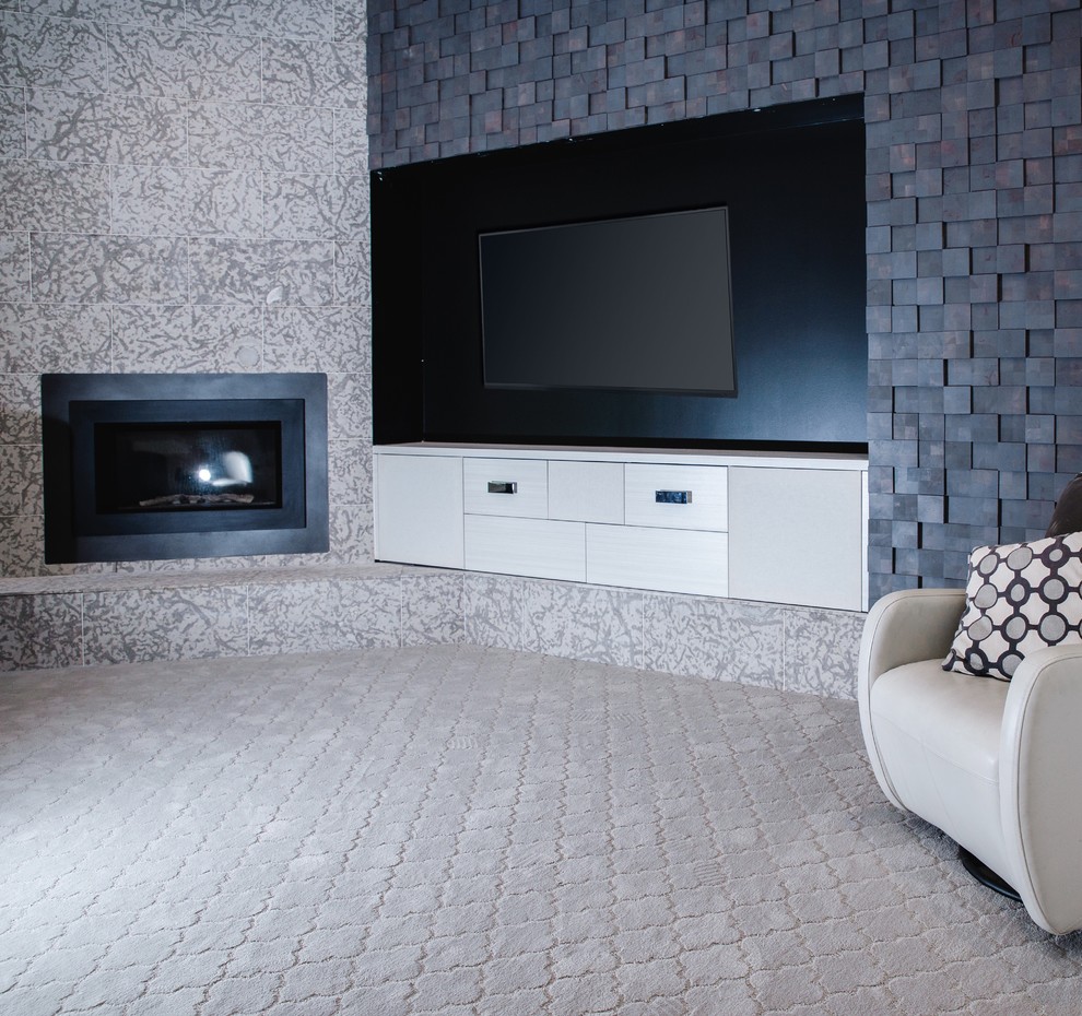 This is an example of a medium sized contemporary open plan games room in Other with multi-coloured walls, carpet, a corner fireplace, a metal fireplace surround and a built-in media unit.
