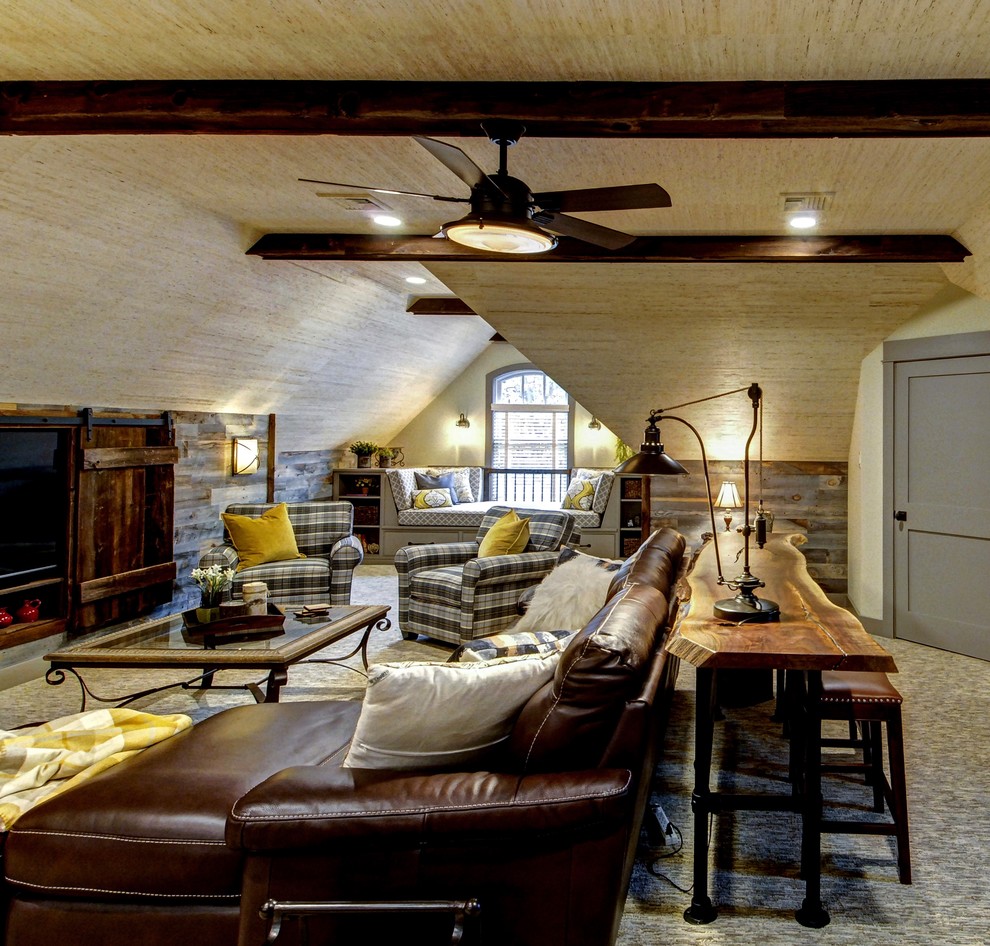 Photo of a large rustic open plan games room in Philadelphia with beige walls, carpet, no fireplace and grey floors.