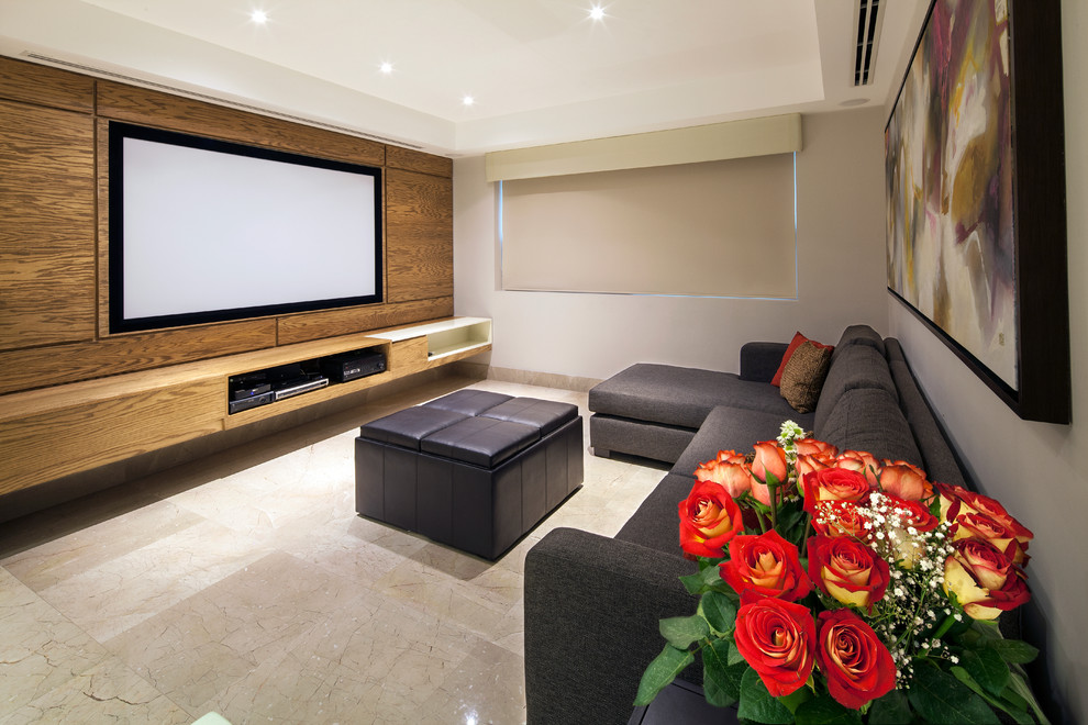 Home theater - contemporary marble floor home theater idea in Other with a projector screen