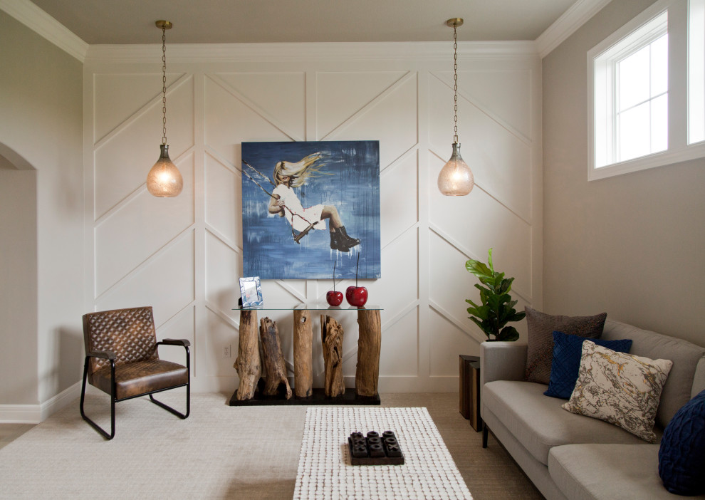 Foto di un soggiorno eclettico di medie dimensioni e stile loft con pareti bianche, moquette e pavimento beige