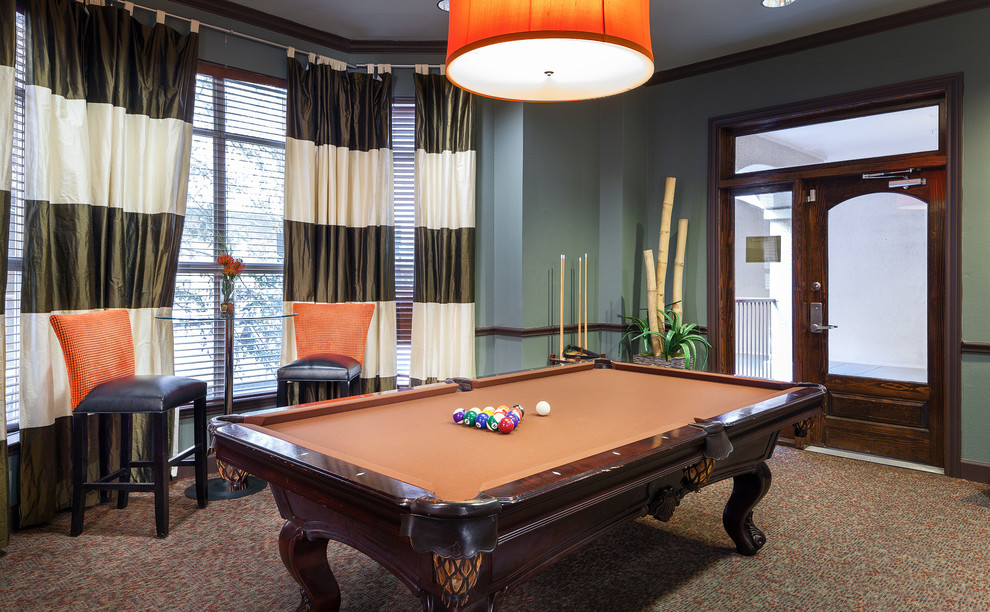 Inspiration for a classic games room in Houston with grey walls, carpet and no fireplace.