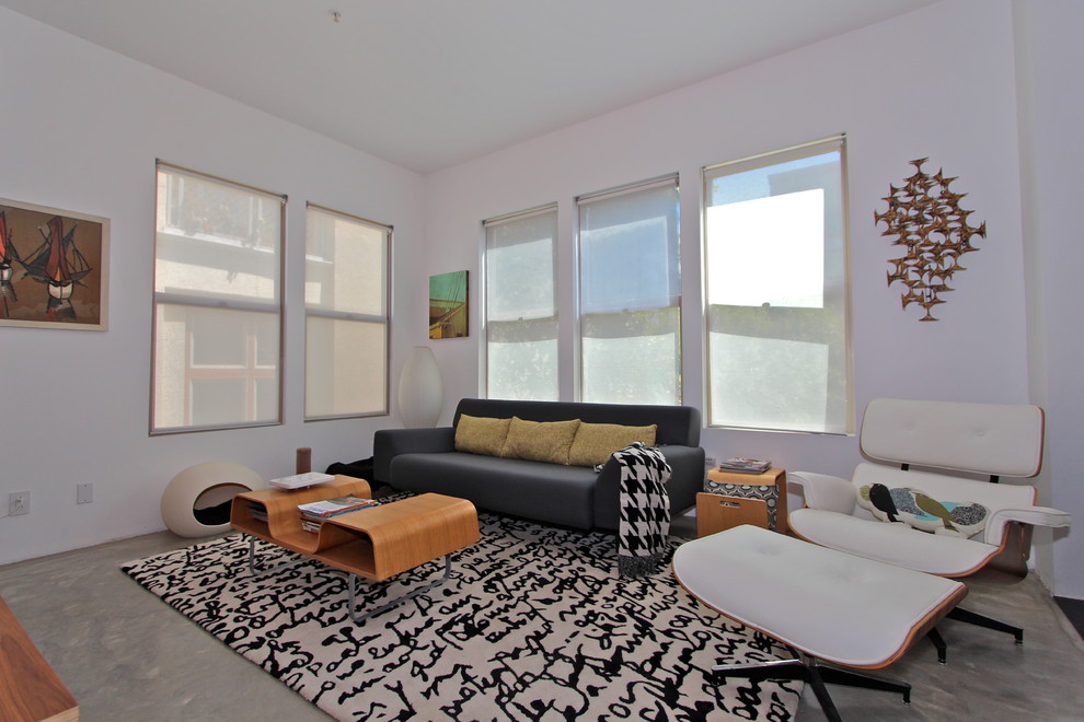 Huge minimalist loft-style concrete floor family room photo in Orange County with white walls