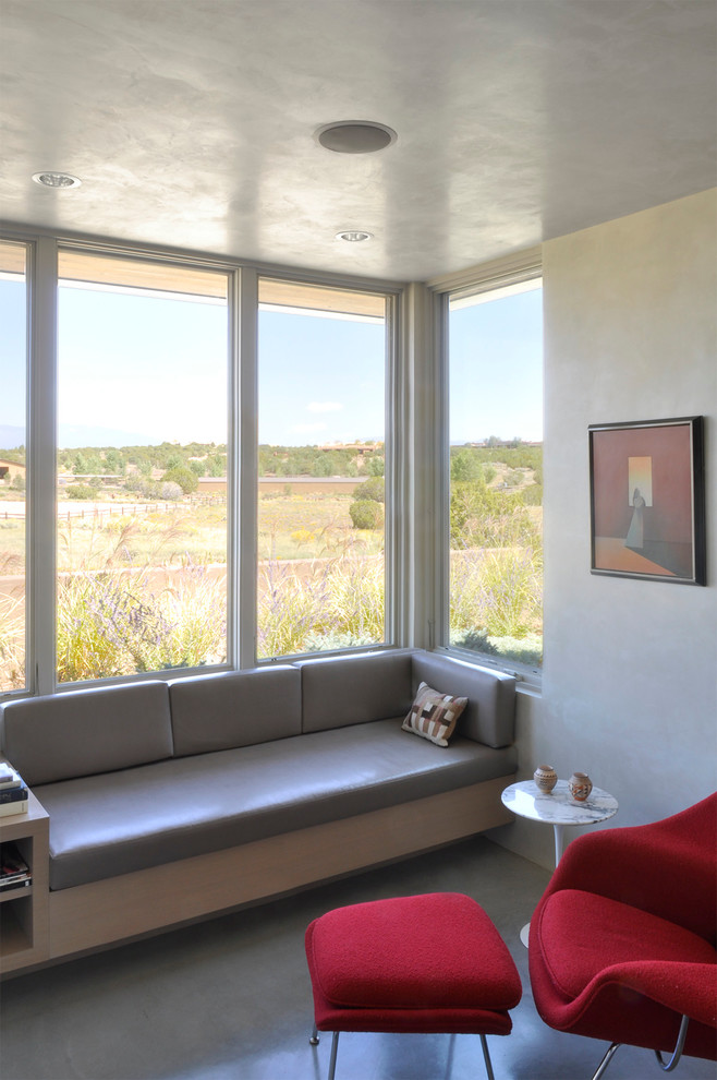 Cette image montre une petite salle de séjour minimaliste fermée avec un mur gris et sol en béton ciré.