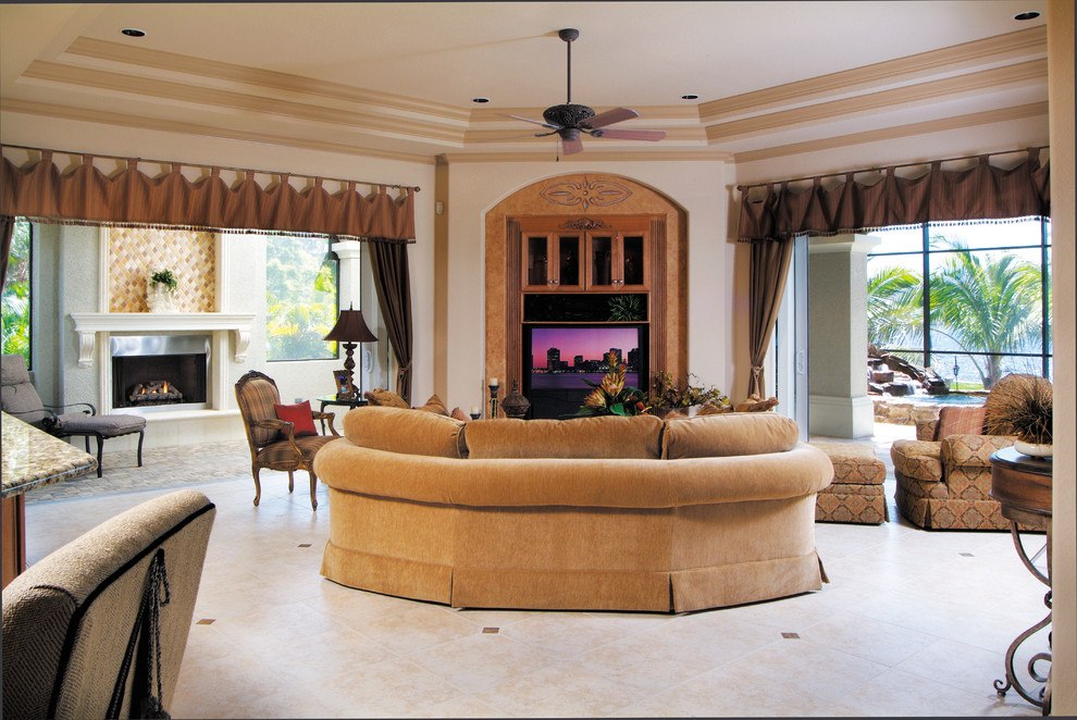 Photo of a large mediterranean open plan games room in Miami with beige walls, ceramic flooring, no fireplace and a built-in media unit.