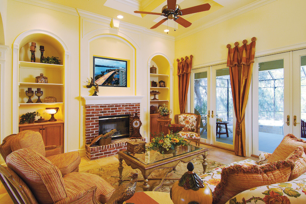 Photo of a medium sized rural open plan games room in Miami with beige walls, ceramic flooring, a standard fireplace, a brick fireplace surround and a wall mounted tv.