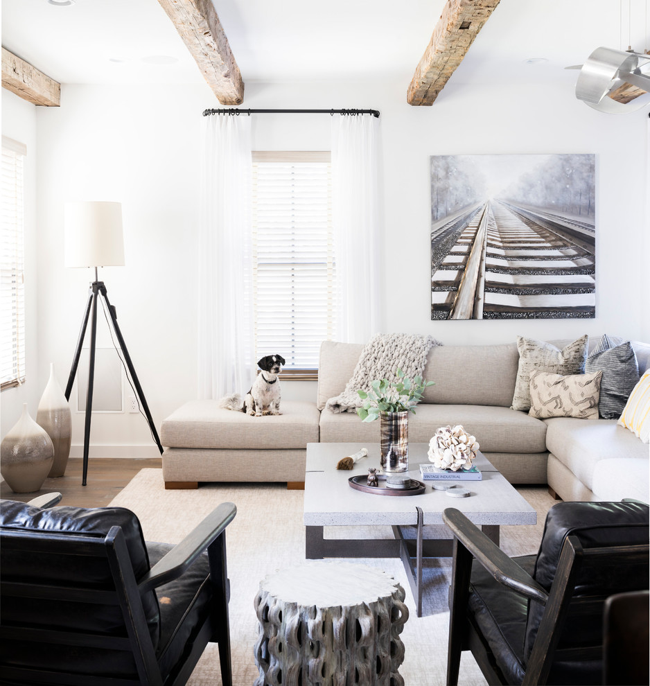 На фото: гостиная комната в стиле рустика с белыми стенами, темным паркетным полом и ковром на полу без камина с
