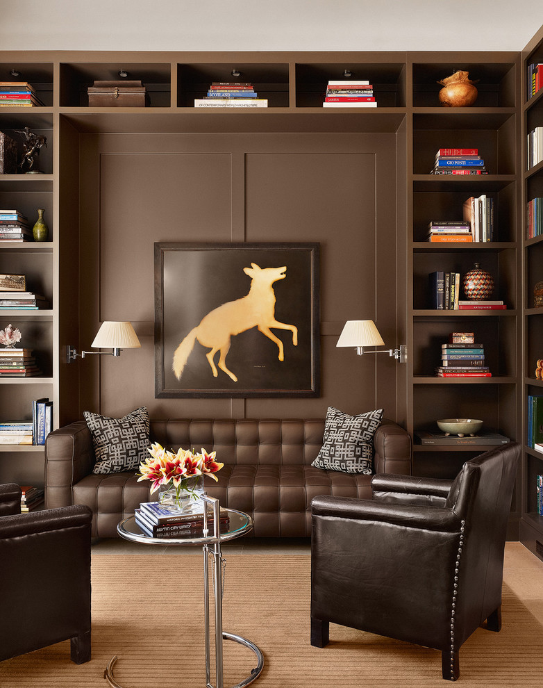 Example of a trendy living room library design in Austin with brown walls
