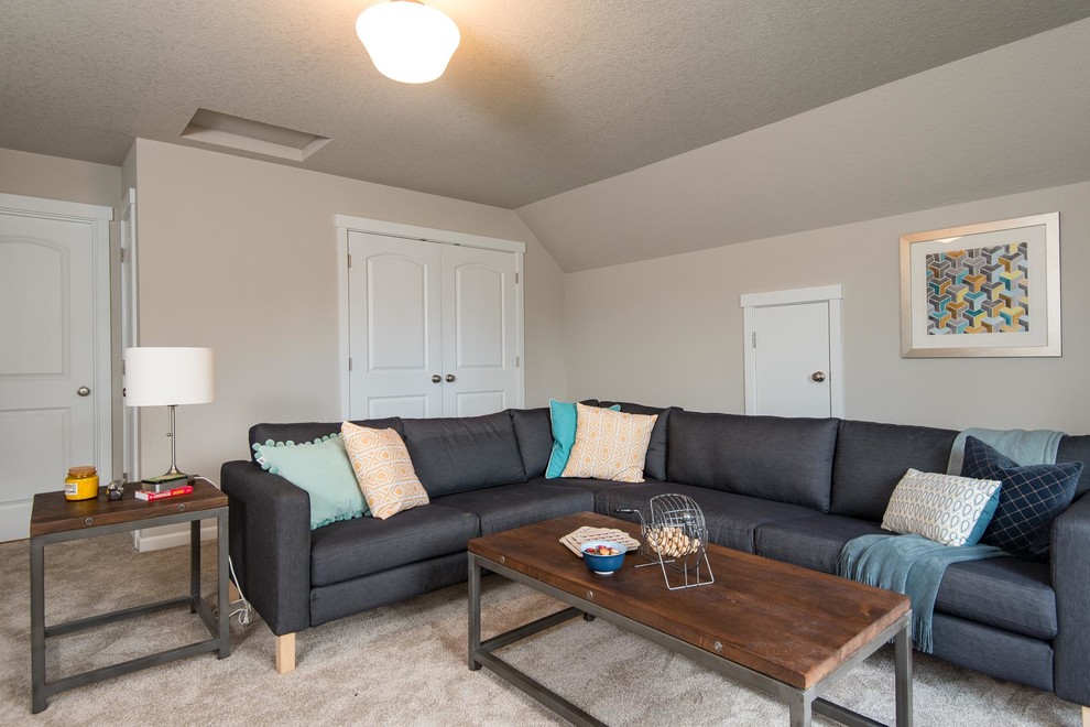 На фото: большая изолированная гостиная комната в стиле кантри с серыми стенами, ковровым покрытием и отдельно стоящим телевизором без камина