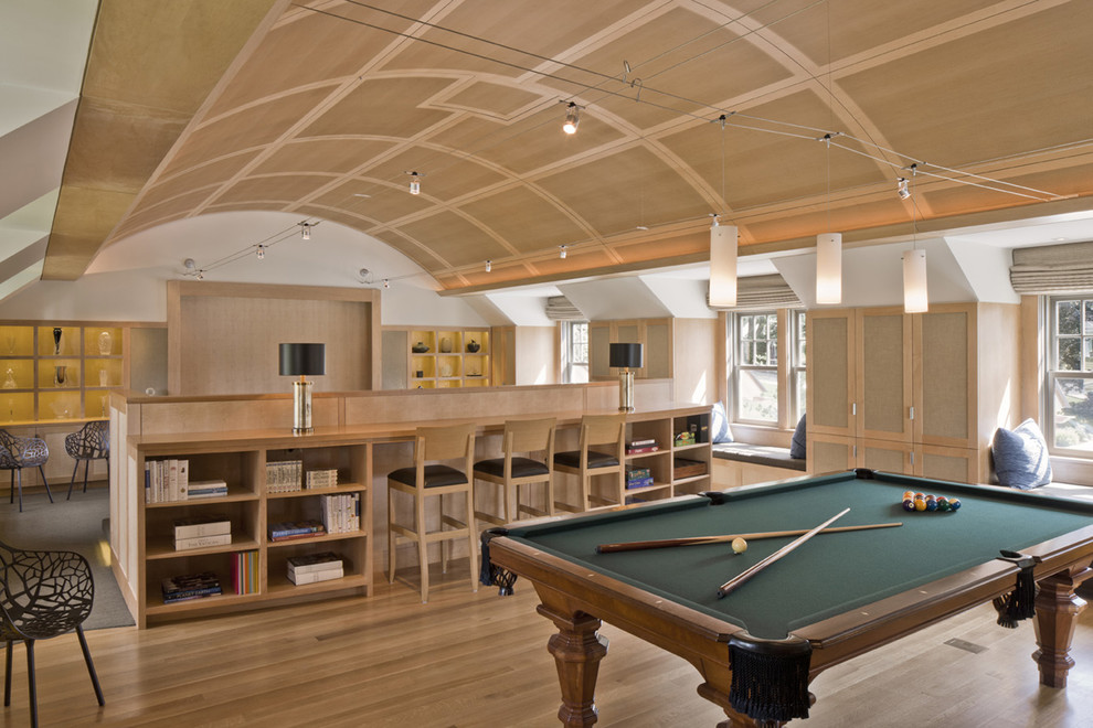 Large contemporary enclosed games room in Boston with white walls and medium hardwood flooring.