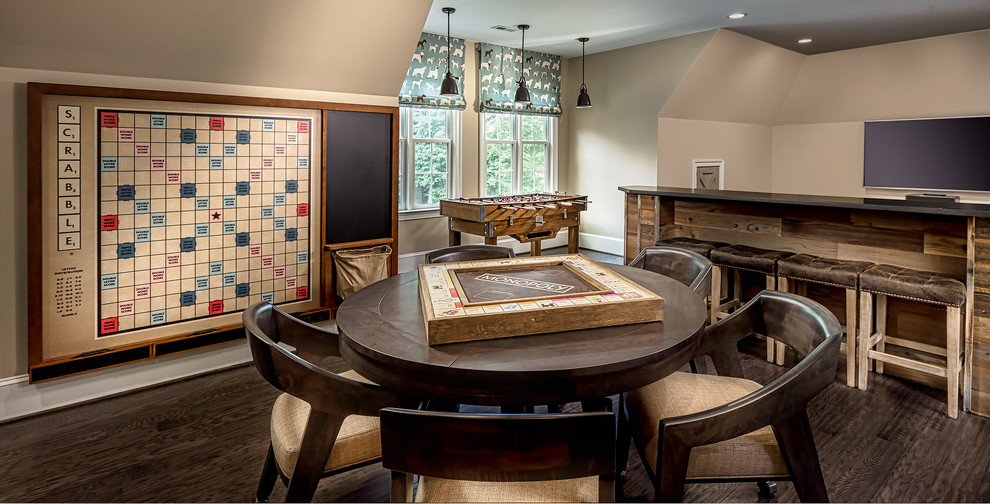 Inspiration for a large rustic enclosed games room in DC Metro with a game room, beige walls, dark hardwood flooring, no fireplace, a wall mounted tv and brown floors.