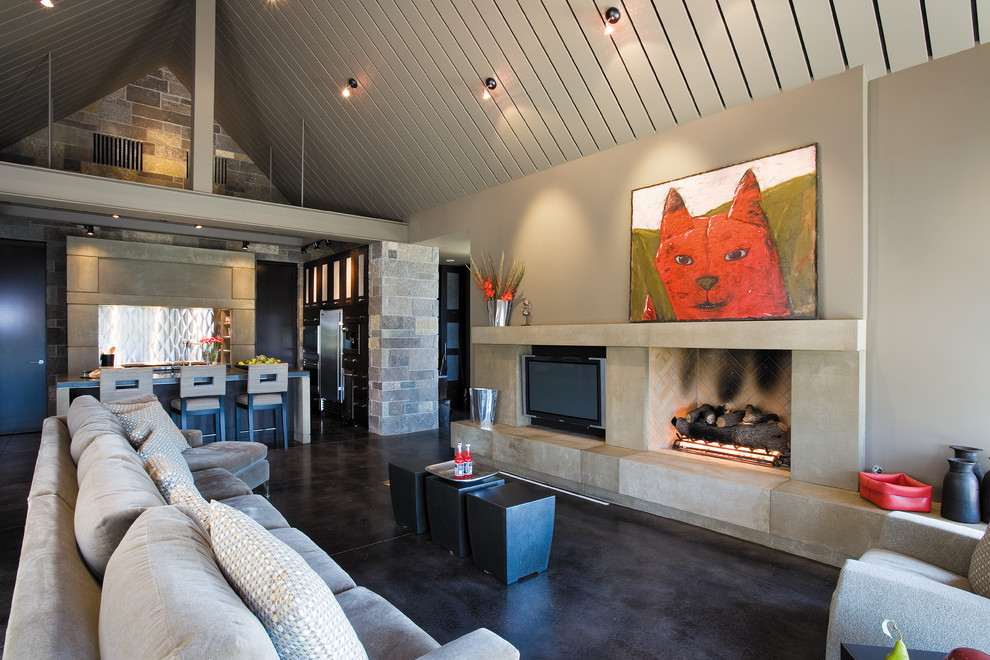 Réalisation d'une salle de séjour design avec un manteau de cheminée en béton et sol en béton ciré.