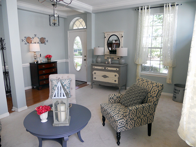 Large cottage chic open concept carpeted family room photo in Orlando with blue walls, no fireplace and no tv
