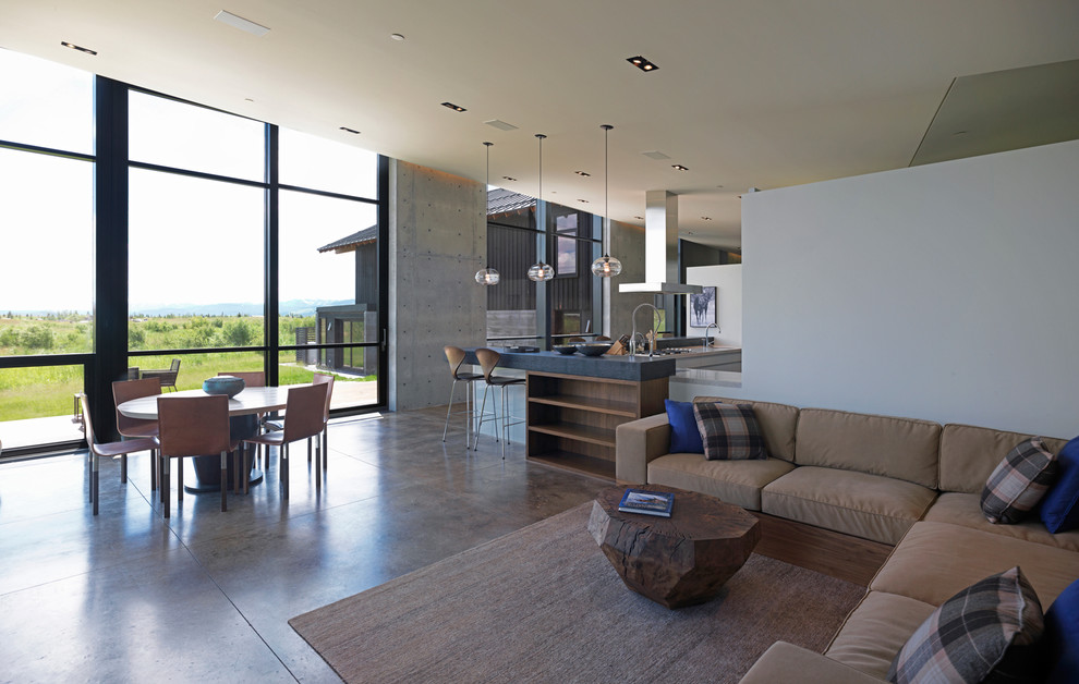 Foto de sala de estar abierta contemporánea grande sin televisor con paredes blancas, suelo de cemento y suelo marrón