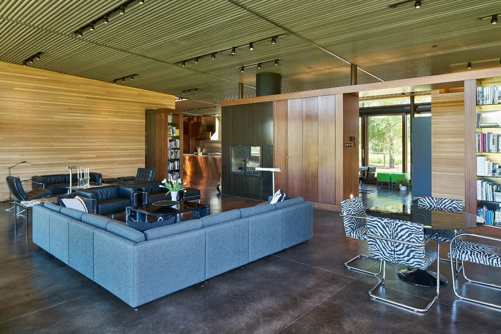 Diseño de sala de estar abierta contemporánea grande con paredes multicolor, suelo de cemento, chimenea de doble cara, marco de chimenea de metal y suelo marrón