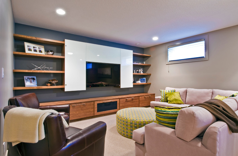 Design ideas for a contemporary enclosed games room in Vancouver with beige walls, carpet and a built-in media unit.