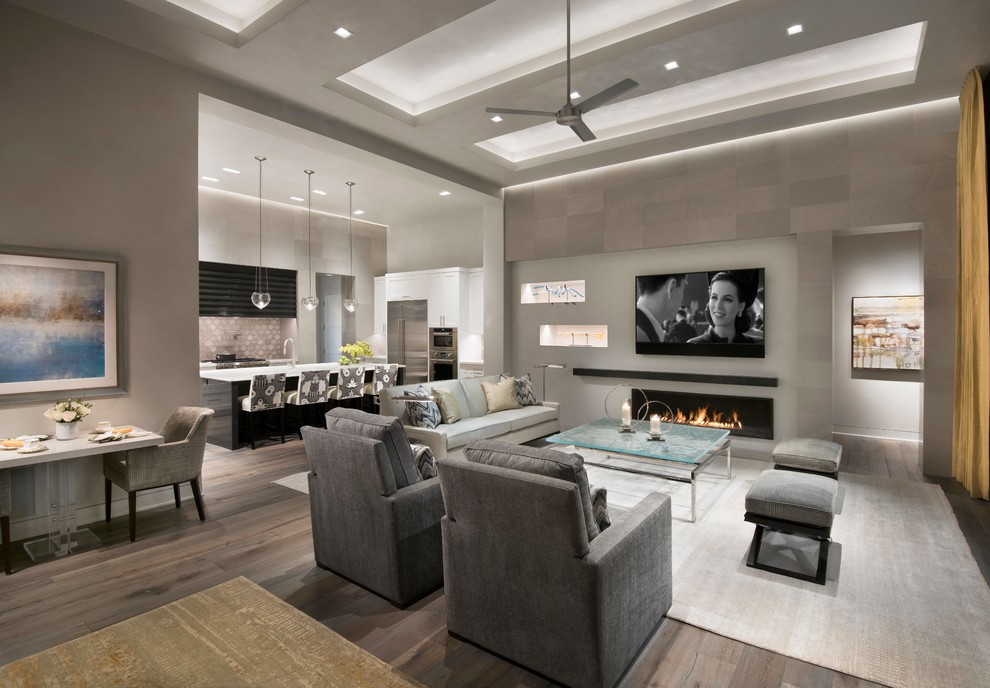 Großes, Offenes Modernes Wohnzimmer mit grauer Wandfarbe, braunem Holzboden, Gaskamin, TV-Wand und braunem Boden in Phoenix
