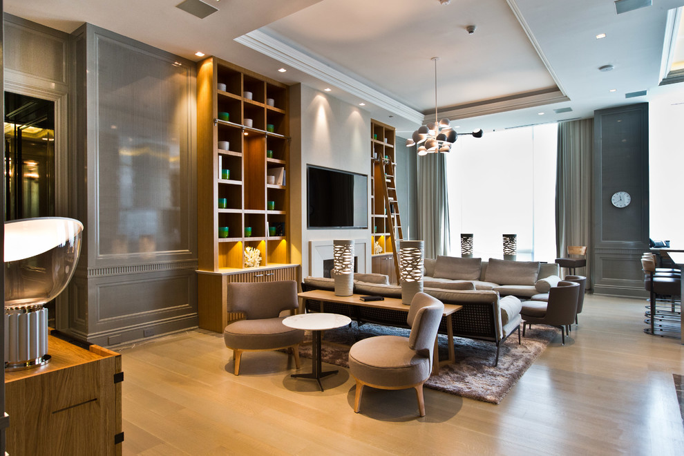 Стильный дизайн: большая изолированная гостиная комната в стиле модернизм с серыми стенами, телевизором на стене, полом из линолеума и серым полом без камина - последний тренд