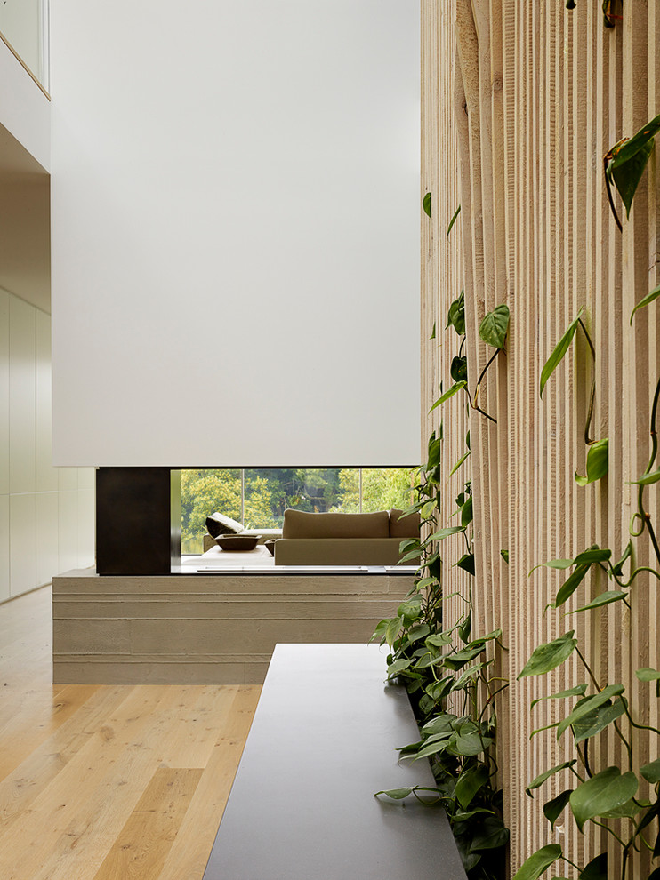 Ejemplo de recibidores y pasillos minimalistas con paredes blancas, suelo de madera clara y suelo beige