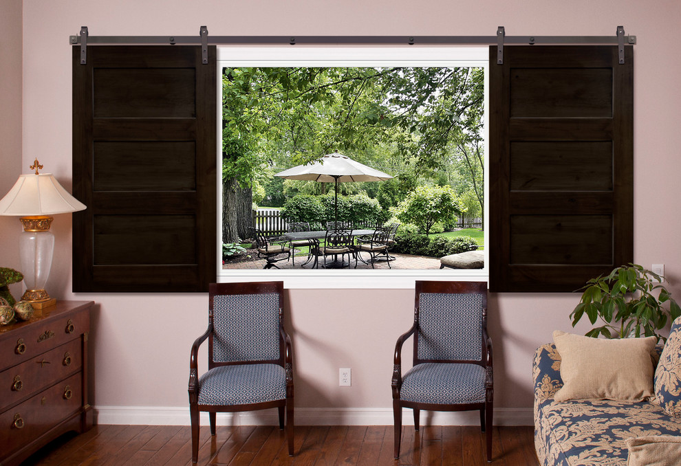Sliding Barn Door Shutters Farmhouse Family Room Charlotte By Sunburst Window Fashions Houzz Sliding Barn Door Shutters Farmhouse, Sliding Barn Door Shutters