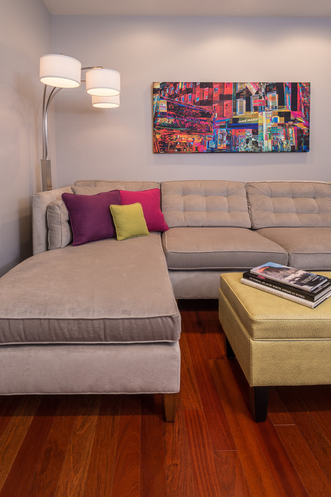 Ejemplo de sala de estar contemporánea pequeña con paredes grises, suelo de madera en tonos medios y televisor colgado en la pared