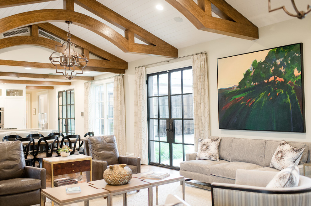 Inspiration for a large traditional open plan games room in Dallas with beige walls, dark hardwood flooring, a stone fireplace surround, a standard fireplace, a wall mounted tv and brown floors.