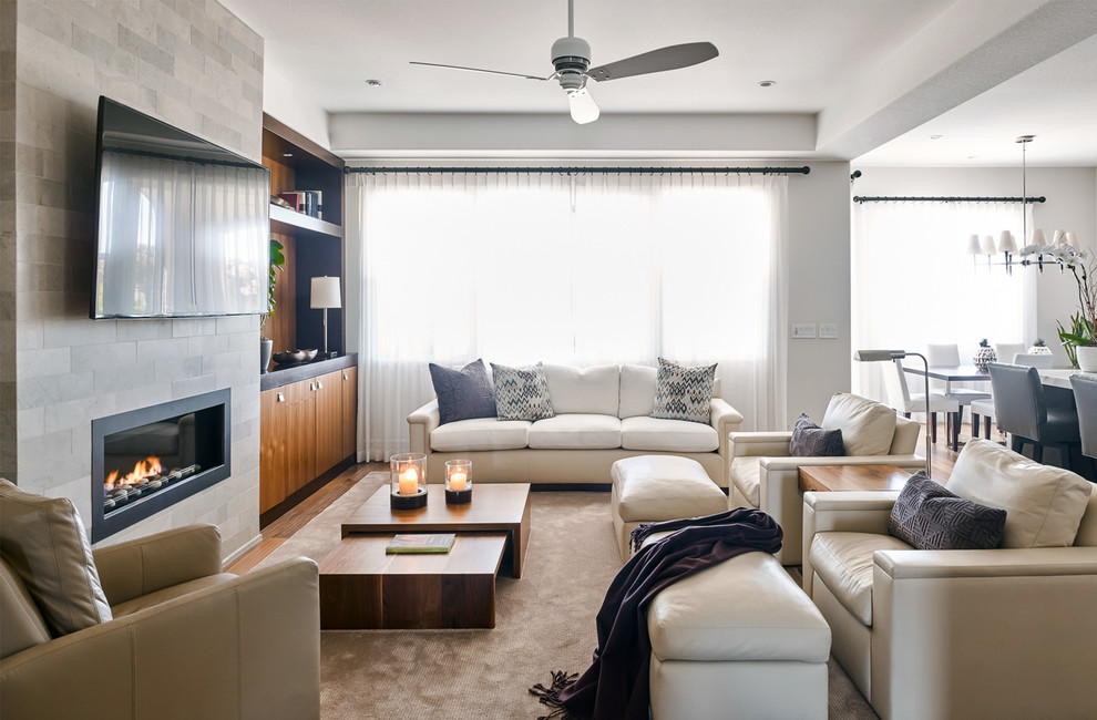 Ejemplo de sala de estar contemporánea con paredes blancas, suelo de madera en tonos medios y televisor colgado en la pared