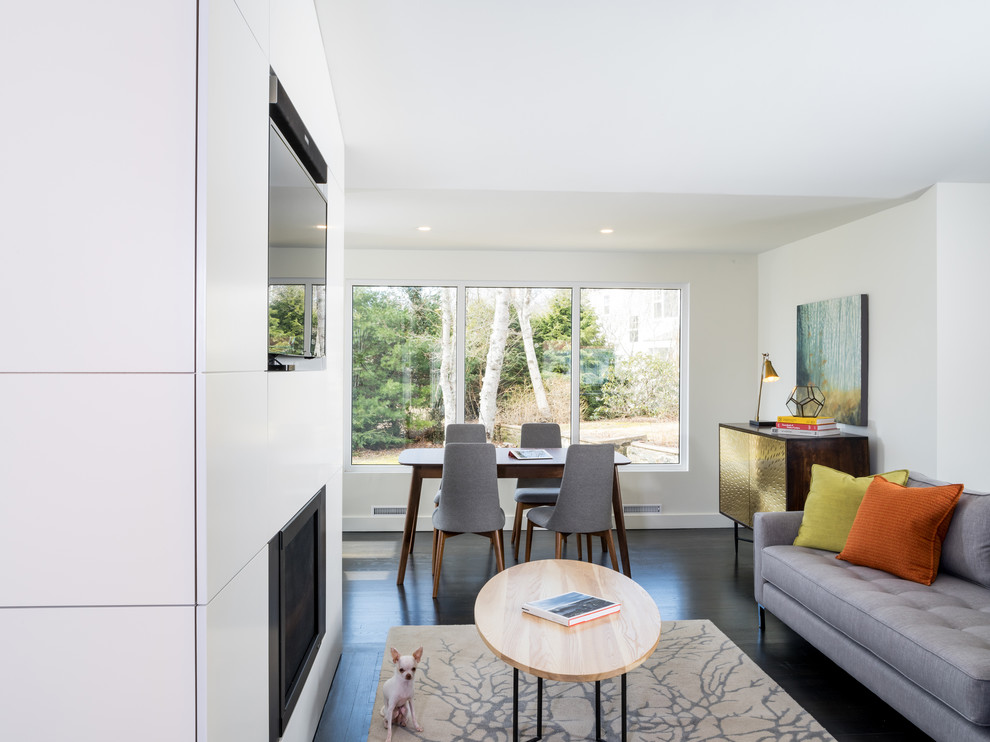 Medium sized retro open plan games room in Other with white walls, dark hardwood flooring, a wall mounted tv, a ribbon fireplace and a metal fireplace surround.