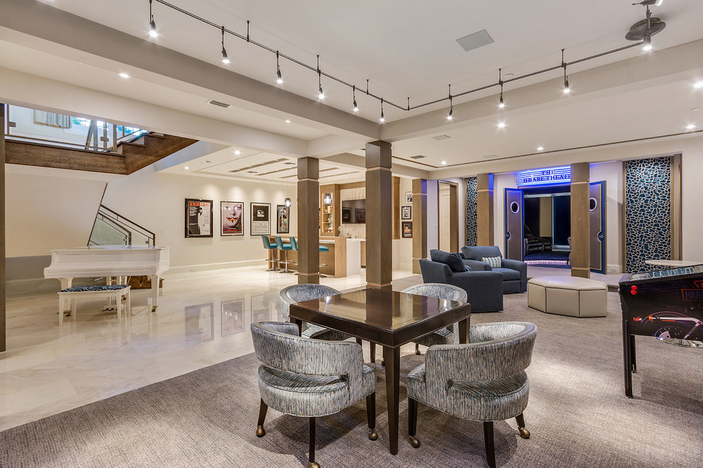 Photo of an expansive contemporary mezzanine games room in Miami with a game room, beige walls, marble flooring, a wall mounted tv and white floors.