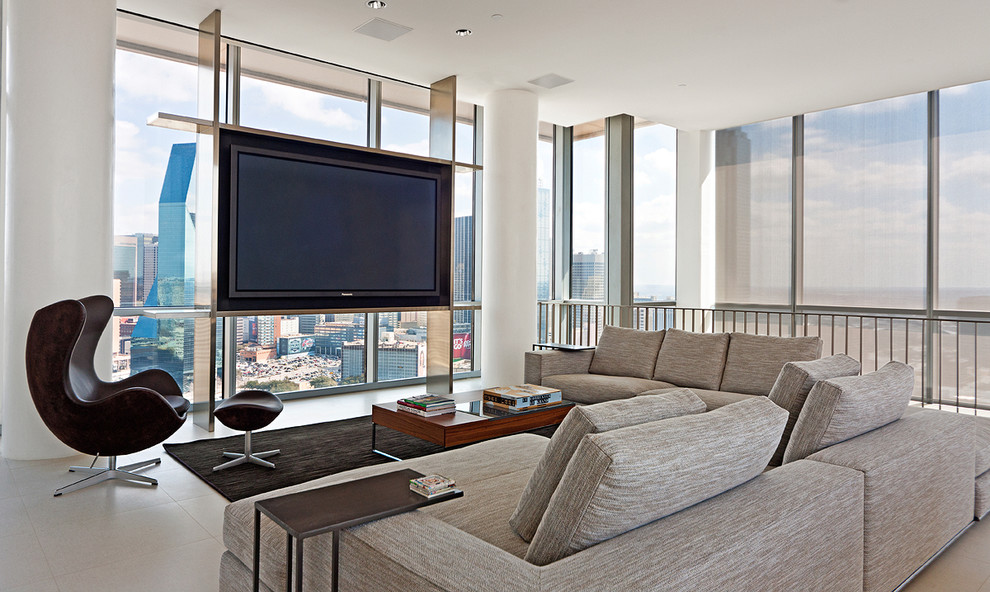 Inspiration for a modern games room in Dallas with a built-in media unit.
