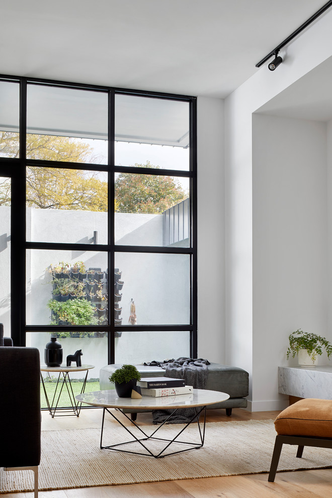 Immagine di un piccolo soggiorno contemporaneo aperto con pareti bianche, pavimento in legno massello medio e TV a parete