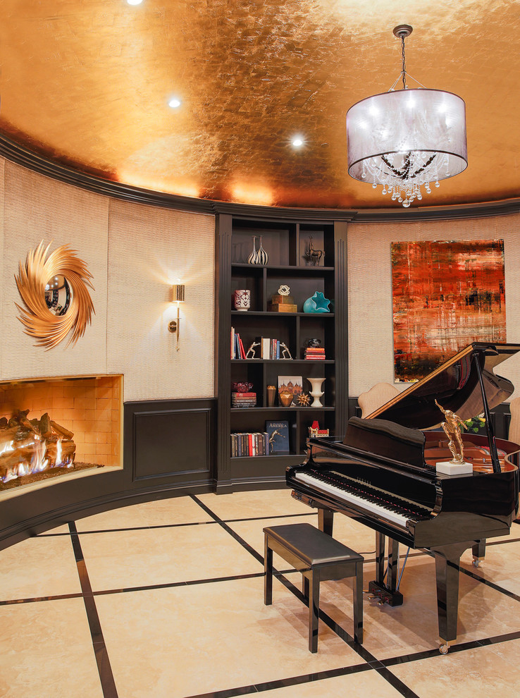 На фото: гостиная комната в современном стиле с музыкальной комнатой, полом из керамической плитки и стандартным камином