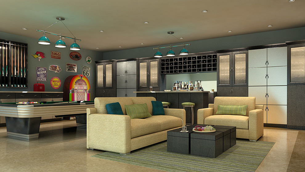 Idee per un ampio soggiorno design con sala giochi, pavimento in linoleum e TV a parete