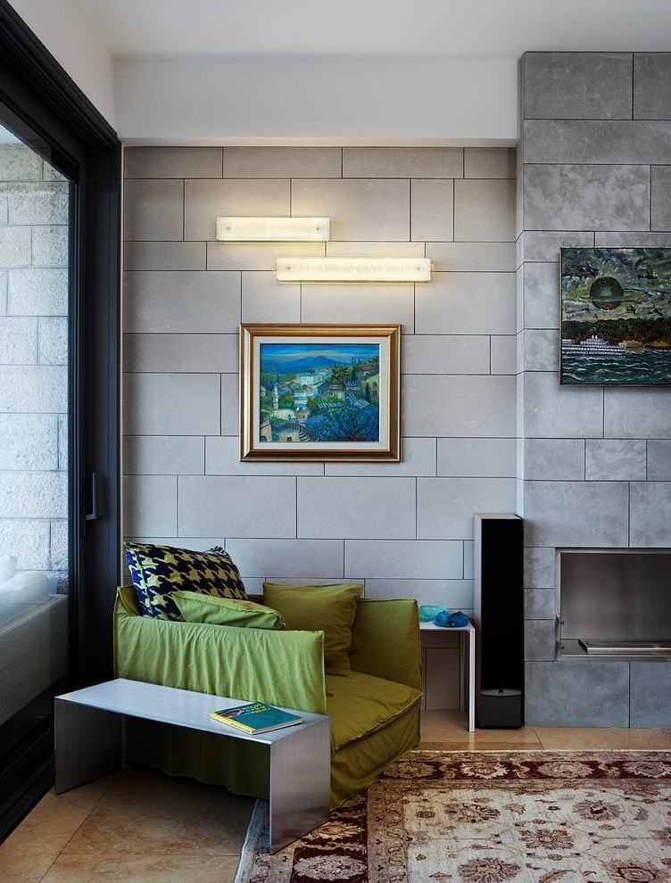 Contemporary games room in Los Angeles with grey walls.