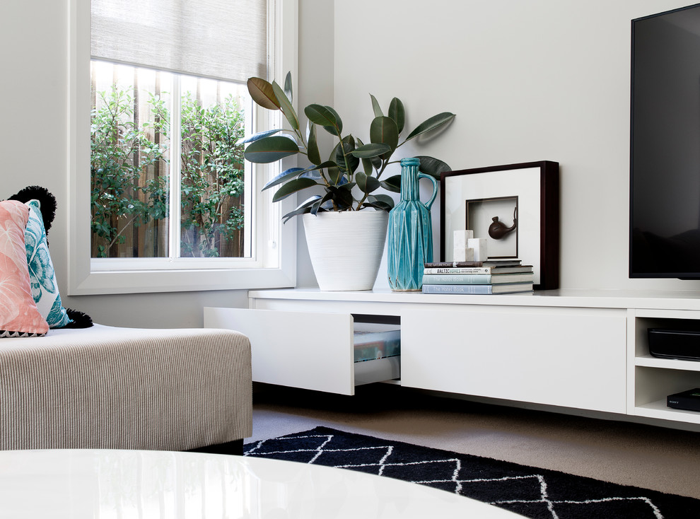 Foto di un grande soggiorno design chiuso con moquette e TV autoportante